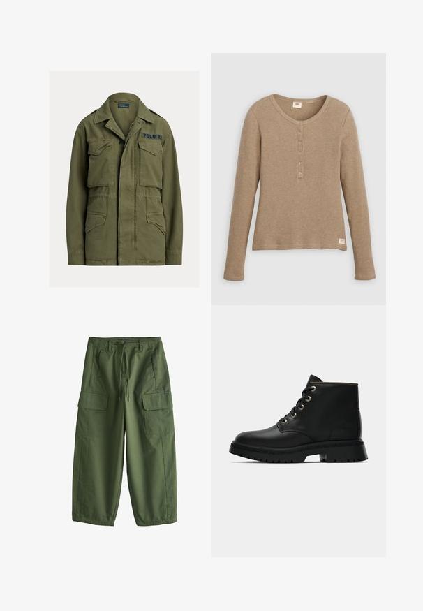Grøn militærinspireret jakke med fire lommer foran med klapper, knap- og lynlåslukning, samt "Polo RL" broderet på øverste højre bryst.; Beige henley-shirt i vaffelstrik med lange ærmer, rund halsudskæring og fem-knaps lukning, vist fladt mod hvid baggrund.; Olivenfarvede cargobukser med snor i taljen, bæltestropper, sidelommer og klaplommer på lårene, løs pasform med elastiske manchetter.; Sort læder ankelstøvle med rund tå, guldøjer og tekstureret sål. Har polstret krave og et karakteristisk logo på siden.