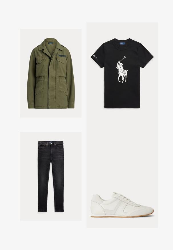 Groene militaire jas met vier klepzakken aan de voorkant, knoop- en ritssluiting, en "Polo RL" geborduurd op de bovenste rechter borst.; Zwarte T-shirt met korte mouwen met witte polo speler op paard afbeelding in het midden en tekst ""Polo"" op de linker mouw.; Zwarte slim-fit jeans met vijf zakken, knoopsluiting en Polo merklabel op de tailleband, plat op een witte achtergrond gelegd.; Witte lage sneaker met veters aan de voorkant, suède en leren panelen, en een lichtbruine rubberen zool op een witte achtergrond.