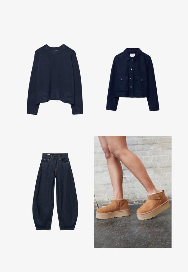 Veste courte bleu marine à manches longues, avec deux poches avant à rabat munies de boutons-pression, et un col à boutons.; Pull en tricot bleu marine avec un col rond, un ourlet côtelé et des manches raglan. Confectionné dans une texture douce pour le confort et la chaleur.; Jean en denim bleu foncé à jambes larges avec poches avant, passants de ceinture et fermeture par bouton à la taille.; Bottines en suède marron avec une doublure en peluche, semelle épaisse en beige et une poignée à l'arrière. Surface texturée avec des détails de couture visibles.