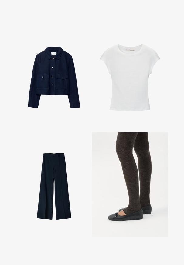 Marineblå cropped jakke med lange ærmer, to frontlommer med klap og trykknapper samt en knappet krave.; Hvid bomuld t-shirt med korte, opsmøgede ærmer, rund halsudskæring og lige kant. Glat tekstur uden synlige mønstre eller detaljer.; Marineblå bredbensbukser lavet af et glat stof, med to frontfoldninger og en enkelt knaplukning i taljen.; Ben iført mørke ribbede leggings kombineret med sorte balletsko med små sløjfedetaljer på hvid baggrund.