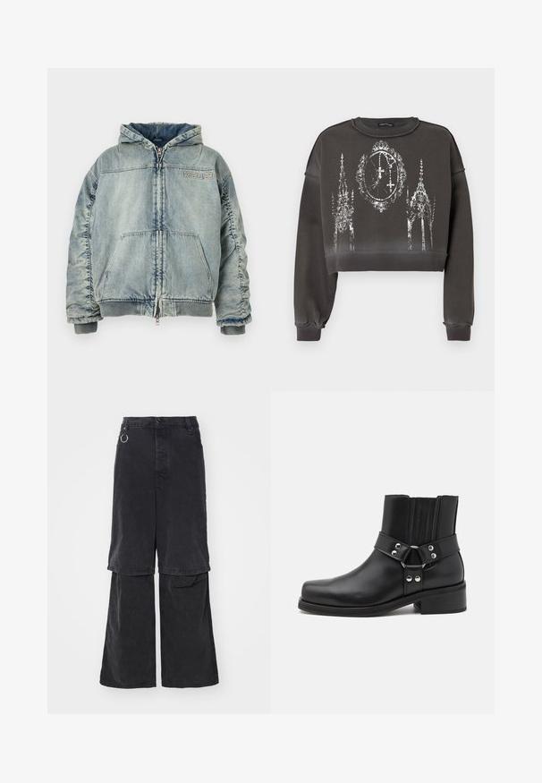 Lyseblå denim hættejakke med lynlås foran, kængurulomme, ribbede manchetter og kant, samt "KSUBI" logo på brystet.; Grå croppet sweatshirt med en tekstureret finish, med et hvidt grafisk design af udsmykkede strukturer og et ur i midten.; Études NOCTURNE - Jeans Relaxed Fit - black washed; The Kooples CHAUSSURES - Cowboy- / bikerstøvlette - black