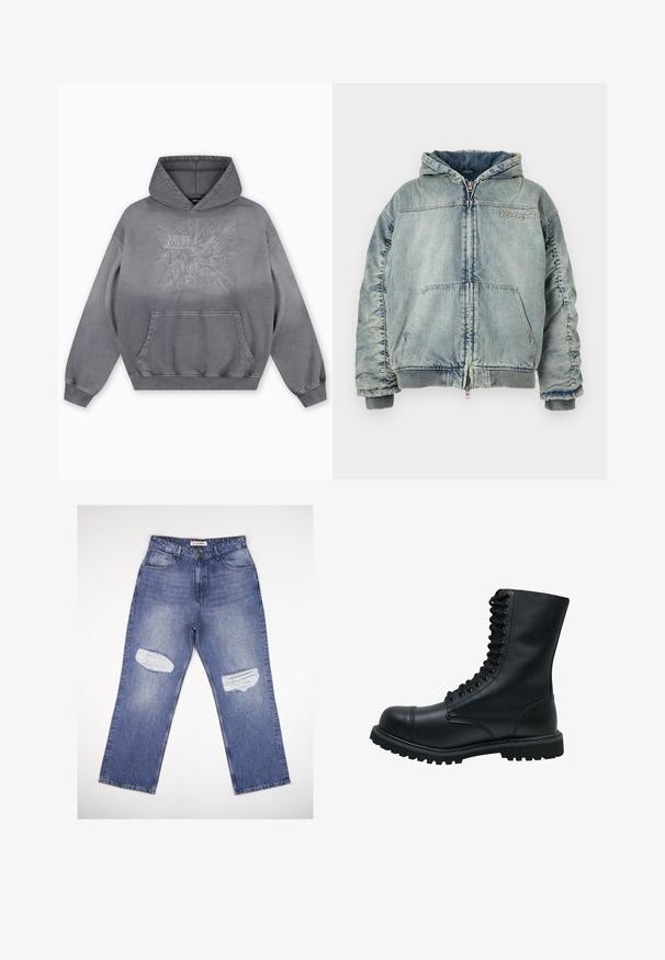 Hellblaue Denim-Kapuzenjacke mit Frontreißverschluss, Kängurutasche, gerippten Bündchen und Saum sowie "KSUBI" Logo auf der Brust.; Grauer Kapuzenpullover mit einer strukturierten Druckgrafik, die "FAVELA Worldwide" und ein Adlerdesign zeigt, Kängurutasche vorne und gerippte Bündchen.; Hellblaue Denim-Jeans mit hoher Taille, geradem Bein und zwei abgenutzten Stellen auf der Vorderseite. Klassisches Fünf-Taschen-Design.; Schwarze Leder Schnürstiefel mit runder Zehenkappe, hohem Schaft, dicker Gummisohle und texturierter Oberfläche. Enthält verstärkte Nähte entlang der Nähte.