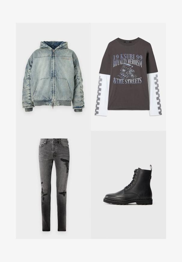 Hellblaue Denim-Kapuzenjacke mit Frontreißverschluss, Kängurutasche, gerippten Bündchen und Saum sowie "KSUBI" Logo auf der Brust.; Dunkelgraues T-Shirt mit langen weißen Ärmeln, ausgestattet mit einem Grafikdruck eines Motors und Text in Blau. Karomuster entlang der Ärmel.; Schwarze Denim-Jeans mit Rissdetails, schlankem Schnitt, fünf Taschen und klassischem Reißverschluss. Abgetragenes Aussehen mit verblassten Stellen.; Schwarze Lederstiefelette mit runder Zehenform, Schnürdesign und Metallösen. Verfügt über eine strukturierte Sohle und einen Zuglasche an der Ferse für einfachen Einstieg.