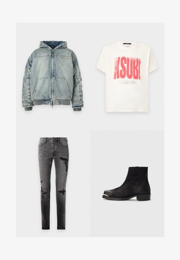Hellblaue Denim-Kapuzenjacke mit Frontreißverschluss, Kängurutasche, gerippten Bündchen und Saum sowie "KSUBI" Logo auf der Brust.; Weißes Baumwoll-T-Shirt mit auffälligem roten Schriftzug "KSUBI" und darunter in Grau "ORIGINAL 1999". Gerade geschnitten, kurze Ärmel.; Schwarze Denim-Jeans mit Rissdetails, schlankem Schnitt, fünf Taschen und klassischem Reißverschluss. Abgetragenes Aussehen mit verblassten Stellen.; Schwarze Knöchelstiefel aus Wildleder und Leder, mit gerundeter Zehenpartie, kleinem Absatz, silbernen metallischen Akzenten an der Zehenpartie und elastischen Seitenpanelen.
