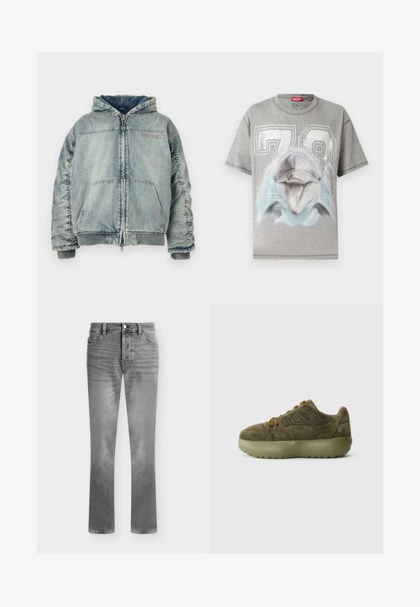 Veste à capuche en denim bleu clair avec fermeture éclair à l’avant, poche kangourou, poignets et ourlet côtelés, et logo "KSUBI" sur la poitrine.; T-shirt gris à manches courtes avec un grand imprimé blanc "78" et un graphisme détaillé d'une tête de dauphin souriante à l'avant.; Jean gris à coupe droite, fermeture par bouton et zip, poches avant et arrière, avec des détails subtilement délavés.; Baskets en daim vert olive avec une semelle en caoutchouc épaisse, bout arrondi et lacets marron. Présente un design embossé sur le côté.