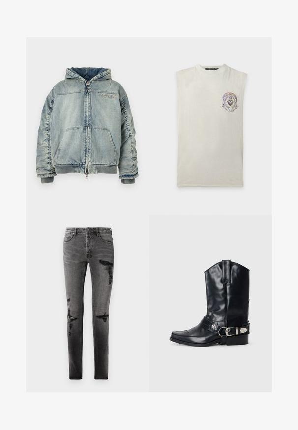 Veste à capuche en denim bleu clair avec fermeture éclair à l’avant, poche kangourou, poignets et ourlet côtelés, et logo "KSUBI" sur la poitrine.; Débardeur blanc cassé avec un col rond présentant un petit motif abstrait circulaire multicolore sur la poitrine gauche.; Jean en denim noir avec des détails déchirés, présentant une coupe slim, cinq poches et une fermeture éclair classique. Apparence usée avec des zones décolorées.; Botte de cowboy en cuir noir avec un bout pointu, une tige haute, des coutures décoratives et une quincaillerie en argent sur la sangle. Fini texturé.