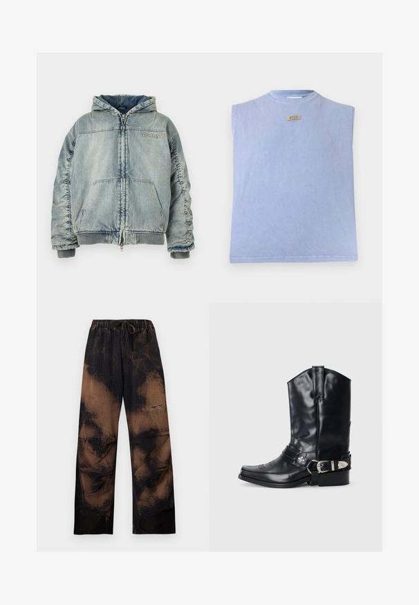 Veste à capuche en denim bleu clair avec fermeture éclair à l’avant, poche kangourou, poignets et ourlet côtelés, et logo "KSUBI" sur la poitrine.; Haut sans manches bleu clair à col rond avec une petite étiquette rectangulaire beige marquée "GCDS" centrée près du col.; Pantalon ample tie-dye noir et marron avec taille élastique et cordon, avec une texture gaufrée et jambes larges et droites.; Botte de cowboy en cuir noir avec un bout pointu, une tige haute, des coutures décoratives et une quincaillerie en argent sur la sangle. Fini texturé.
