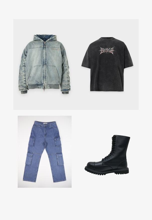 Chaqueta con capucha de denim azul claro con cremallera frontal, bolsillo canguro, puños y bajo acanalados, y logo "KSUBI" en el pecho.; Camiseta negra de gran tamaño con textura desgastada y texto estilizado en blanco y rojo "Fadella" centrado en el frente.; Pantalones cargo de mezclilla azul con múltiples bolsillos laterales, un diseño de pierna recta y una cinturilla clásica. La tela tiene una ligera textura y desvanecimiento.; Botín de cuero negro con cordones, punta redonda, caña alta, suela de goma gruesa y superficie texturizada. Presenta costuras reforzadas a lo largo de las uniones.