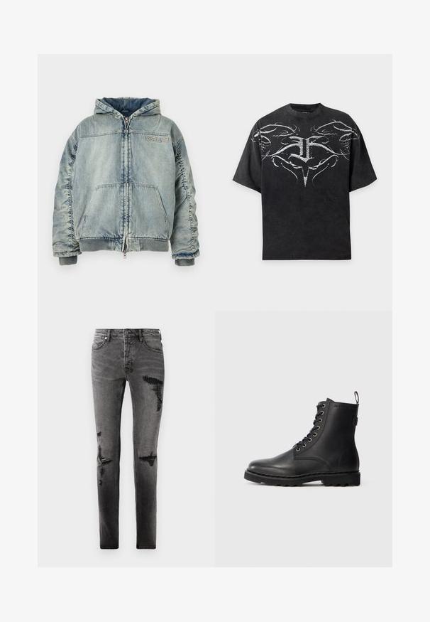 Hellblaue Denim-Kapuzenjacke mit Frontreißverschluss, Kängurutasche, gerippten Bündchen und Saum sowie "KSUBI" Logo auf der Brust.; Schwarzes oversized T-Shirt mit weißem symmetrischem abstraktem Tribal-Design über Brust und Schultern.; Schwarze Denim-Jeans mit Rissdetails, schlankem Schnitt, fünf Taschen und klassischem Reißverschluss. Abgetragenes Aussehen mit verblassten Stellen.; Schwarze Lederstiefelette mit runder Zehenform, Schnürdesign und Metallösen. Verfügt über eine strukturierte Sohle und einen Zuglasche an der Ferse für einfachen Einstieg.