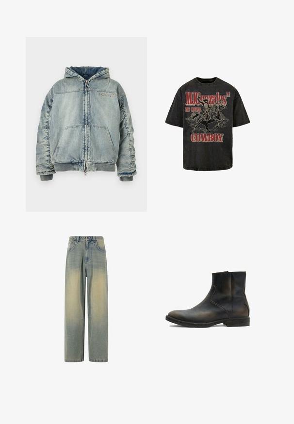 Chaqueta con capucha de denim azul claro con cremallera frontal, bolsillo canguro, puños y bajo acanalados, y logo "KSUBI" en el pecho.; Camiseta gráfica negra con un vaquero montando un caballo, con "MJ Gonzales™ EL VAQUERO ORIGINAL" en letras rojas en negrita. Tela de algodón suave.; Jeans de mezclilla de pierna ancha en un azul claro con un degradado desvanecido, que cuentan con cinco bolsillos y una cinturilla clásica con pasadores para el cinturón.; AllSaints LANG - Botines - brown