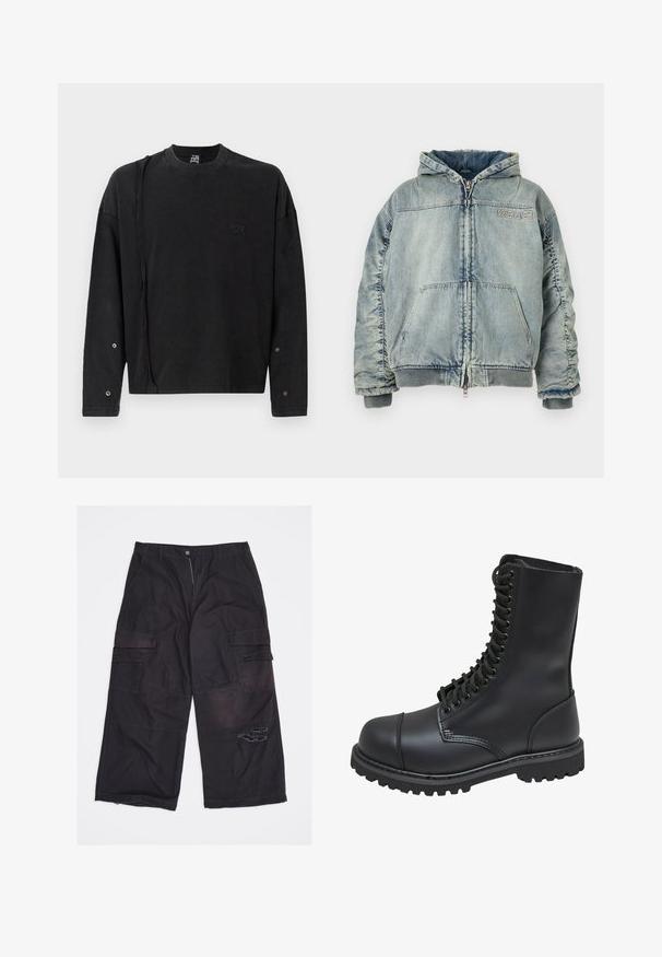Lyseblå denim hættejakke med lynlås foran, kængurulomme, ribbede manchetter og kant, samt "KSUBI" logo på brystet.; Sort langærmet sweatshirt med rund hals, der har et subtilt logo foran og trykknapdetaljer på ærmerne, lavet af blødt stof.; Sorte cargobukser med vide ben og flere lommer samt et slidt hul på højre lår, lagt fladt på en hvid baggrund.; Sort læder kampstøvle med høj skaft, snørebånd foran, polstret krave og en robust tekstureret sål for godt greb. Har forstærket tåhætte.