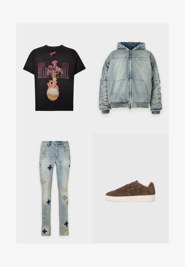 Veste à capuche en denim bleu clair avec fermeture éclair à l’avant, poche kangourou, poignets et ourlet côtelés, et logo "KSUBI" sur la poitrine.; T-shirt noir avec un graphisme d'orbe enflammée et croix, et texte rose "KSUBI EST MCMXCIX HEADS WILL ROLL" sur le devant.; Jean en denim bleu clair avec un lavage délavé, présentant des motifs brodés en forme de croix beige et bleu foncé ainsi qu'un texte partiel sur la jambe droite.; Baskets en daim marron avec une silhouette basse, un bout arrondi et une semelle en caoutchouc blanc. Elles présentent des lacets foncés et un logo discret sur le côté.