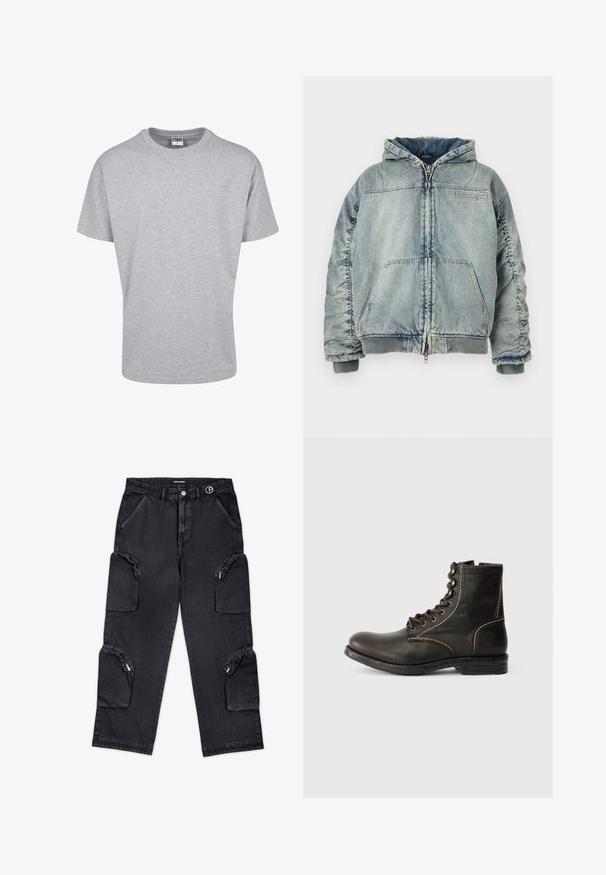 Lichtblauwe denim capuchonjas met rits aan de voorkant, kangoeroezak, geribde boorden en zoom, en "KSUBI" logo op de borst.; Grijze katoenen t-shirt met een ronde halslijn en korte mouwen. Eenvoudig ontwerp, geen patronen of accenten. Klassieke ontspannen pasvorm.; Zwarte cargobroek met meerdere ritszakken, een knoopsluiting en een geweven label aan de tailleband. Gemaakt van denim en met een recht model.; Bruine leren enkelboot met een ronde neus, zeven vetergaten, witte stiksels en een gestructureerd oppervlak. Stevige rubberen zool, klassieke stijl.