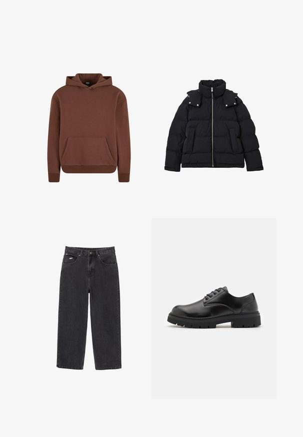 Doudoune noire avec col haut, fermeture éclair à l'avant, rabats d'épaule à bouton-pression et poches latérales inclinées, présentée sur un fond blanc.; Sweat à capuche marron en tissu doux, avec une poche kangourou, des poignets côtelés et un design décontracté.; Jeans en denim noirs à jambe droite avec cinq poches et fermeture à bouton, présentant un petit logo blanc sur la poche avant droite.; Chaussures en cuir noir avec un bout rond, un laçage et une semelle en caoutchouc épaisse et texturée. Présente des coutures le long du bord et une finition lisse.