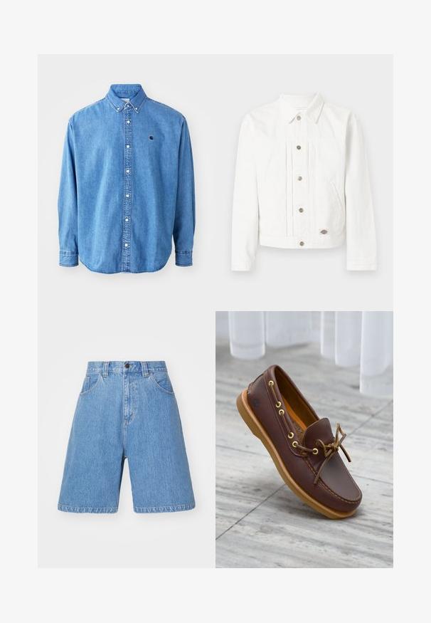 Hvid denimjakke med knaplukning foran, to sidelommer, en krave og en lille logopatch nær kanten på en ensfarvet baggrund.; Denim button-down skjorte, lyseblå i farven, med krave, lange ærmer og et lille logo på brystet. Har hvide knapper og syninger.; Lyseblå denim shorts med løs pasform, høj talje, fem lommer og subtil falmning. Med knaplukning og bæltestropper.; Brun bådsko i læder med gyldne snørehuller, snørelukning foran og en tanfarvet gummisål. Tekstureret overflade og logo på siden.