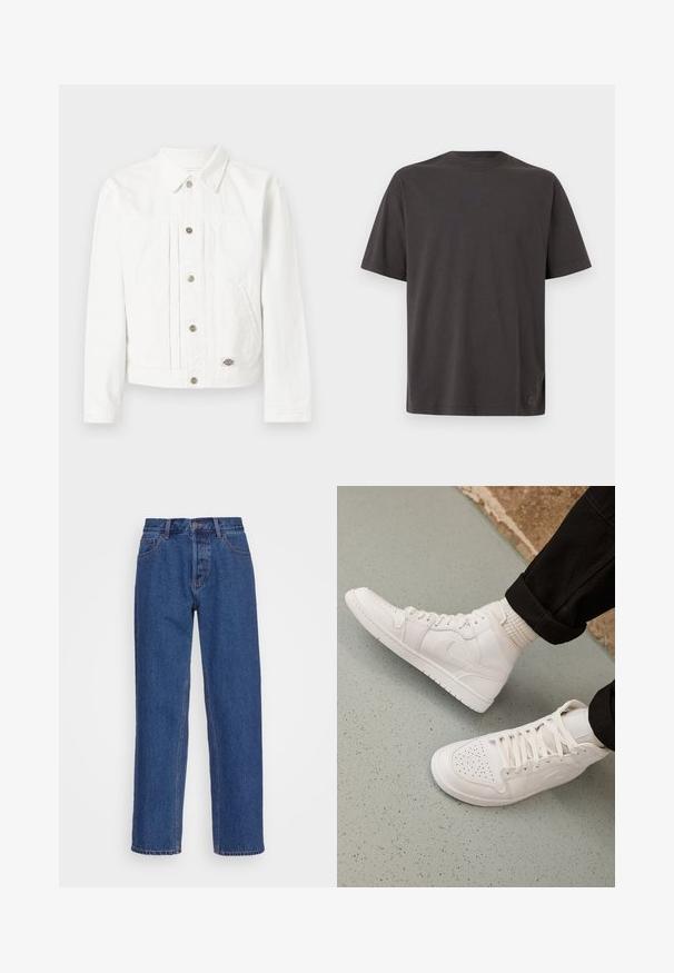 Weiße Denimjacke mit Knopfleiste, zwei Seitentaschen, einem Kragen und einem kleinen Logopatch nahe dem Saum vor einfarbigem Hintergrund.; Dunkelgraues T-Shirt mit Rundhalsausschnitt aus Baumwolle, kurzen Ärmeln, entspannter Passform und einem kleinen Logotag in der unteren linken Ecke.; Blaue Jeans aus Denim mit einem klassischen geraden Bein-Design, ausgestattet mit einer hohen Taille, Gürtelschlaufen und dezenten Stickdetails.; Weisse High-Top-Sneaker aus glattem Leder mit perforierter Zehenpartie, Schnürverschluß und dezentem Logodetail an der Seite. Strukturierte Gummisohle.