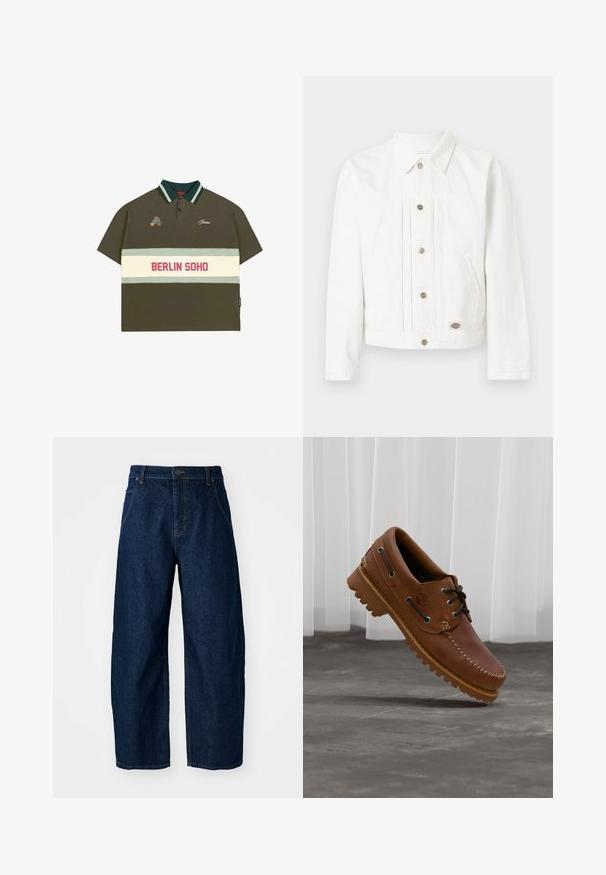 Hvid denimjakke med knaplukning foran, to sidelommer, en krave og en lille logopatch nær kanten på en ensfarvet baggrund.; Oliven grøn poloshirt med korte ærmer, stribet krave i grøn og lyseblå, med et hvidt bånd med "BERLIN SOHO" i rød.; Bredde ben mørk denim jeans med høj talje, som har fem lommer, knaplukning foran og synlige syninger.; Brun læder bådsko med sorte snørebånd, beige syninger og en robust sål, hængende over en grå betongulv.
