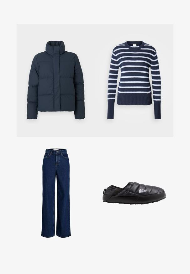 Marineblå dunjakke med høj krave, quiltet tekstur og lynlås foran. Har lange ærmer og en boxy form.; Marineblå og hvide stribede strikkede sweater med rund halsudskæring, ribbet kant og lange ærmer. Blød tekstur med subtilt horisontalt mønster.; Mørkeblå jeans med høj talje og vide ben, der har forlommer, bæltestropper, knaplukning og synlige stingdetaljer.; Sort isoleret slip-on sko med quiltet overdel, gummisål og strukturel detaljering. Har en hæltrækstrop og branding på siden.