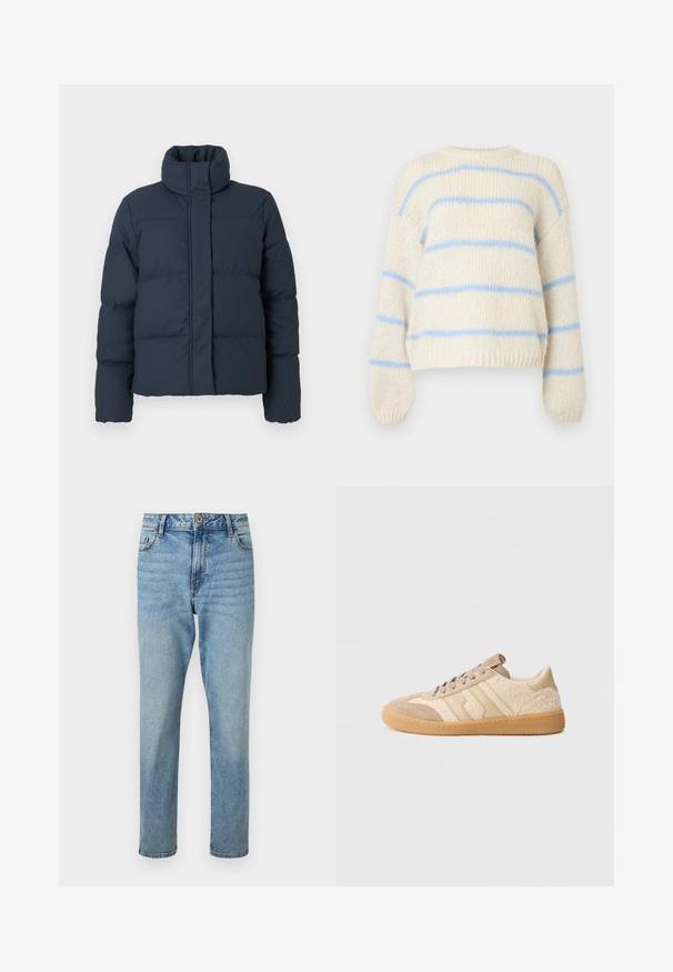 Tummansininen toppatakki, jossa on korkea kaulus, lämmin vuoritus ja edessä vetoketju. Ominaisuuksiin kuuluvat pitkät hihat ja laatikkomainen muoto.; Kermansävyinen neulot sweater, jossa vaaleansiniset vaakaraitat ja resorit hihoissa, helmassa ja pääntiessä, valkoisella taustalla.; Vaaleansiniset korkeat suoralahkeiset farkut, joissa edessä nappi- ja vetoketjukiinnitys, etutaskut ja hillittyjä haalistuneita yksityiskohtia.; Beiget lenkkitossut, joissa on mokkaa ja teksturoitua kangasta, kumipohja ja kontrastiväriset beigen raidat. Pyöreä kärki ja nauhakiinnitys.