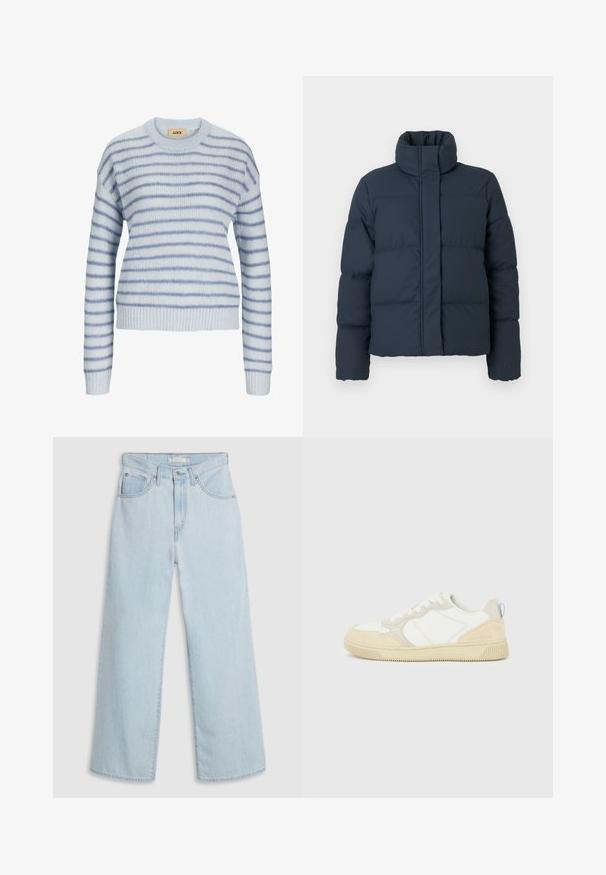 Marineblå dunjakke med høj krave, quiltet tekstur og lynlås foran. Har lange ærmer og en boxy form.; Lys blå strikket sweater med vandrette striber i en mørkere blå. Har en rund halsudskæring og ribstrikkede manchetter og kant. Blød tekstur.; Lyseblå, vide jeans med høj talje, der har knap- og lynlås lukning, dobbelte forlommer foran og diskrete syningsdetaljer.; Hvid og beige sneaker med en overdel i ruskind og tekstil, med kontrastsyninger, en gummisål og en lyseblå detalje på hælen.