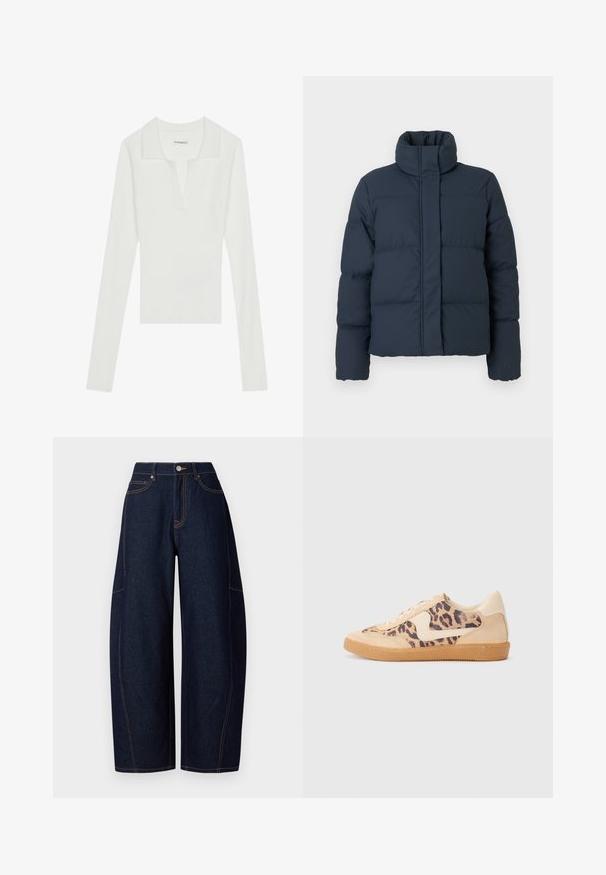 Chaqueta de plumas azul marino con cuello alto, textura acolchada y cierre de cremallera frontal. Presenta mangas largas y una forma cuadrada.; Camisa polo de manga larga blanca con cuello en V y cuello en contraste, que presenta un diseño ajustado y una textura suave.; Pantalones de mezclilla oscuros de pierna ancha con costuras naranjas en contraste, cinco bolsillos y un cierre de botón y cremallera en la cintura.; Zapatillas de leopardo con parte superior de ante beige, suela de goma marrón y acentos blancos. Punta redonda y diseño con cordones con un acabado texturado.