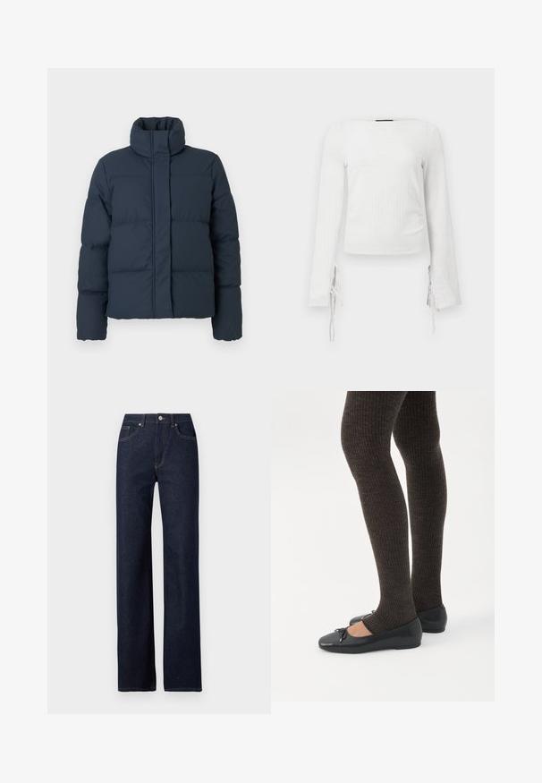 Chaqueta de plumas azul marino con cuello alto, textura acolchada y cierre de cremallera frontal. Presenta mangas largas y una forma cuadrada.; Camiseta blanca de manga larga ajustada con tela texturizada y lazos en las muñecas, con un escote recto y longitud corta.; Vaqueros de mezclilla azul marino con un diseño de pierna recta, estilo clásico de cinco bolsillos, costuras visibles y cierre frontal con botón.; Piernas con leggings oscuros acanalados combinados con bailarinas negras que presentan pequeños detalles de lazo sobre un fondo blanco.