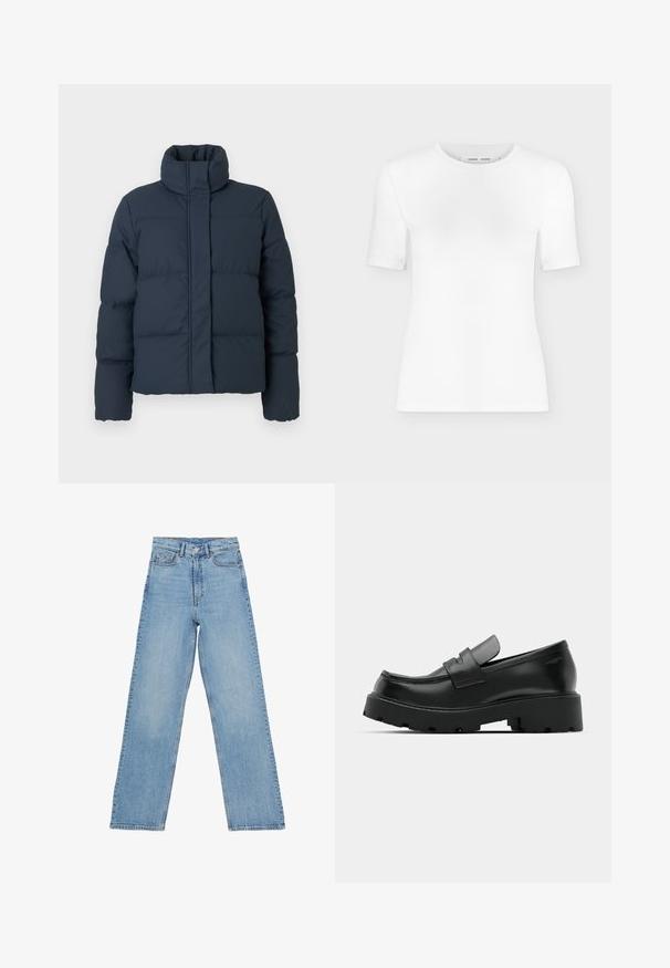 Marineblauwe gewatteerde jas met hoge kraag, gestikte textuur en een ritssluiting aan de voorkant. Heeft lange mouwen en een boxy vorm.; Wit T-shirt met korte mouwen en een ronde hals, een slanke pasvorm en geribbelde stof, weergegeven op een effen lichtgrijze achtergrond.; Lichtblauwe denim jeans met een hoge taille, rechte pijpen, voorzien van vijf zakken en een knoopsluiting. Geen zichtbare patronen.; Zwarte leren instappers met een chunky, gestructureerde zool, voorzien van een band over de voet en een gladde, gepolijste afwerking.