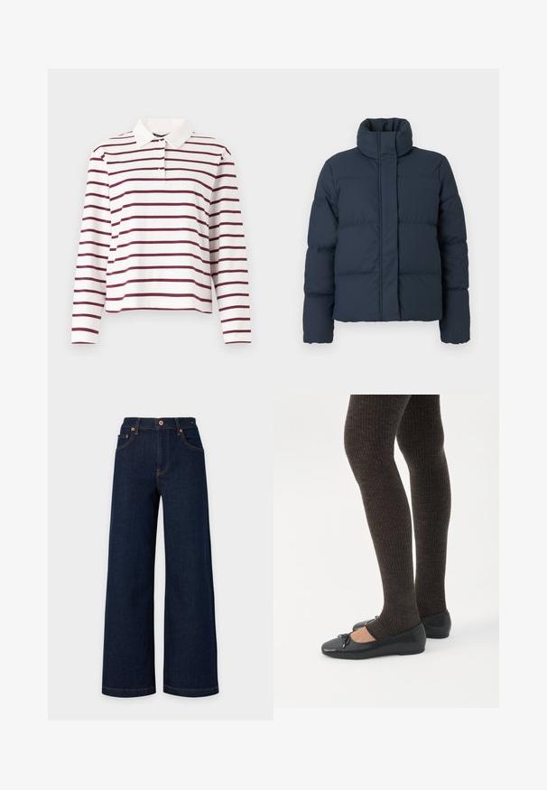 Marineblauwe gewatteerde jas met hoge kraag, gestikte textuur en een ritssluiting aan de voorkant. Heeft lange mouwen en een boxy vorm.; Wit langmouwige poloshirt met bordeauxrode horizontale strepen, voorzien van een klassieke kraag en knoopsluiting. Gemaakt van zacht katoen.; Donkerblauwe denim jeans met wijde pijpen, voorzakken, riemlussen en zichtbare oranje stiksel op een lichte achtergrond.; Benen met donkere geribbelde leggings gecombineerd met zwarte ballerina's met kleine strikdetails op een witte achtergrond.