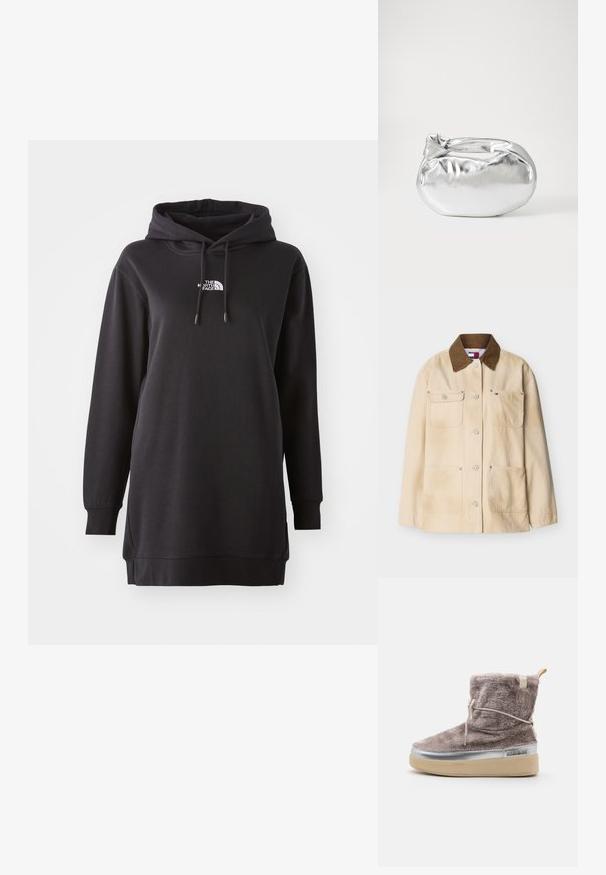 Beige bomuldsjakke med brun kordenærkrave, knaplukning foran og fire lommer foran, herunder en med et lille brandlogo.; Sort hoodie kjole lavet af blødt stof, med en front kangaroo lomme, justerbar snørehætte og et lille logo på brystet.; Sart taupe ankelstøvle med en skinnende sølv mellemsål, beige gummisål og snøre detalje ved anklen for en sikker pasform.; Sølvmetallic pose med en blød, rund form og en knyttet lukning foroven. Fremstillet af glat faux lædermateriale.