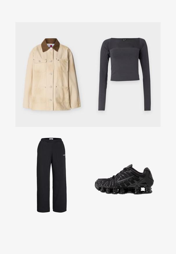 Beige bomuldsjakke med brun kordenærkrave, knaplukning foran og fire lommer foran, herunder en med et lille brandlogo.; Langærmet, cropped top i mørkegrå stof med en glat tekstur. Har en firkantet halsudskæring og tætsiddende design.; Sorte sweatpants med lige ben, elastisk talje og lille hvidt logo på øvre lår, designet til afslappet brug.; Sort atletisk sko med mesh-overdel og glatte overlays. Har buet spiralbøsningsdæmpning og strukturerede linjer på siden. Nike-logoet er synligt.