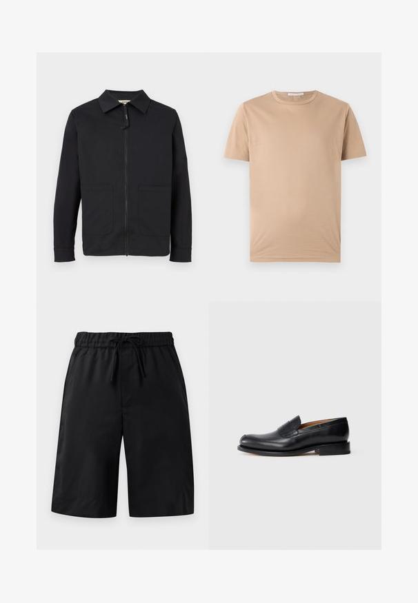 Zwarte jas met lange mouwen, kraag, ritssluiting aan de voorkant en twee grote voorzakken, getoond op een eenvoudige lichte achtergrond.; Beige T-shirt met korte mouwen en een ronde hals, rechte zoom en een klein merkje aan de binnenkant van de kraag.; Zwarte shorts met een elastische tailleband en trekkoord. Kenmerkt zich door een gladde textuur en een losse pasvorm. Eenvoudig ontwerp zonder zakken of versieringen.; Zwarte leren instapper met een gladde afwerking, ronde neus en een kleine voorklep. Heeft een lage, solide zwarte hak en minimale ontwerpaccenten.