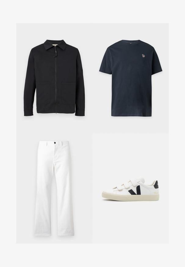Veste noire à manches longues avec col, fermeture éclair frontale et deux grandes poches avant, présentée sur un fond clair uni.; T-shirt bleu marine à manches courtes et col rond avec un petit emblème zèbre multicolore sur la poitrine gauche.; Pantalon blanc à jambes droites avec bouton frontal et passants de ceinture, présenté sur un fond clair uni.; Baskets blanches avec accents noirs et brides auto-agrippantes. Présentent une tige en cuir texturé, une semelle en caoutchouc crème et un logo au niveau du talon.