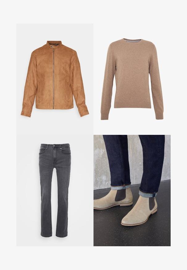 Brun faux suede jakke med stående krave, frontlynlås, to sidelommer og en struktureret finish. Mellemlange ærmer og en lige kant.; Brun sweater lavet af strikstof, med rund halsudskæring og lange ærmer. Ribbet manchetter og kant, ensfarvet med en blød tekstur.; Grå denimjeans med lige bendesign, der har forlommer og en klassisk knaplukning. Glat tekstur med subtile blegninger.; Lyse beige ruskind Chelsea-støvler med mørke elastiske sidepaneler, båret med mørke op rullede denimjeans på sort plettet gulv.