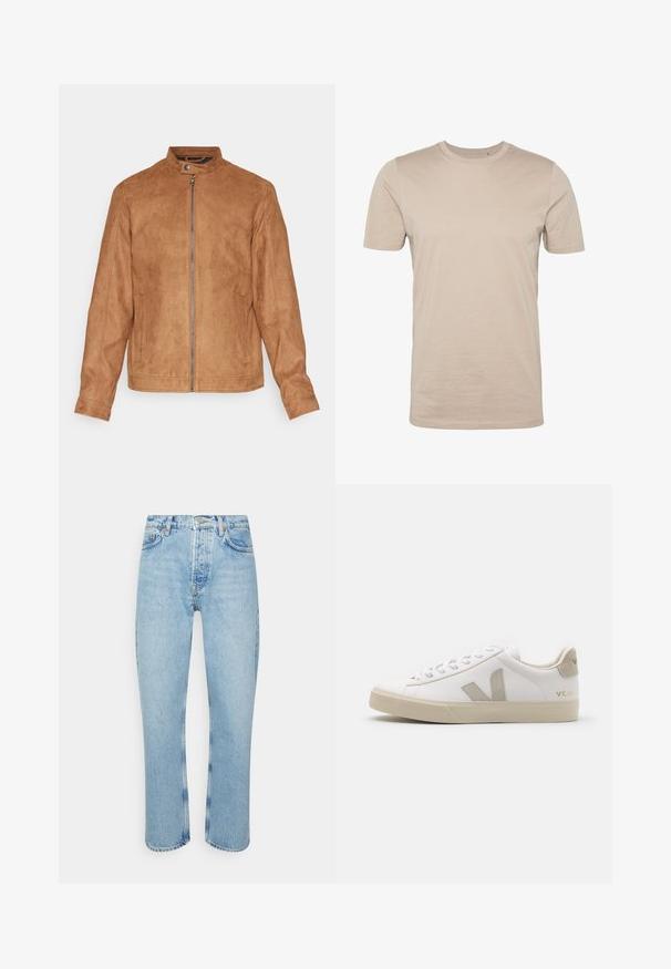 Braune Kunstwildlederjacke mit Stehkragen, Frontreißverschluss, zwei Seitentaschen und strukturiertem Finish. Mittellange Ärmel und gerader Saum.; Beige Baumwoll-T-Shirt, kurze Ärmel, runder Halsausschnitt, glatte Textur, nahtloses Design, leichtes Material, keine sichtbaren Logos oder Muster.; Hellblaue Jeans aus Denim mit geradem Schnitt, hoher Taille, fünf Taschen-Design und sichtbaren Nähten an den Nähten und Säumen.; Weiße Ledersneaker mit beigen Akzenten, flacher Gummisohle, runder Zehenpartie und kontrastierendem Logo an der Seite und Rückseite. Mit Schnürdesign.