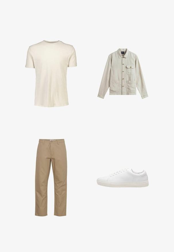 Beige langærmet skjorte med knapper og krave, tre frontlommer, herunder en med knappet klap.; Kortærmet T-shirt i lyse beige, lavet af blødt bomuld. Har en rund halsudskæring og en glat tekstur uden mønstre eller grafik.; Beige bomuldsbukser med lige ben-design, der har en frontknap og lynlås lukning, sidelommer og et rent finish.; Hvide lædersneakers med en glat overflade, rund tå, snørebåndslukning og flad gummisål. Minimalistisk design uden synlige mønstre.