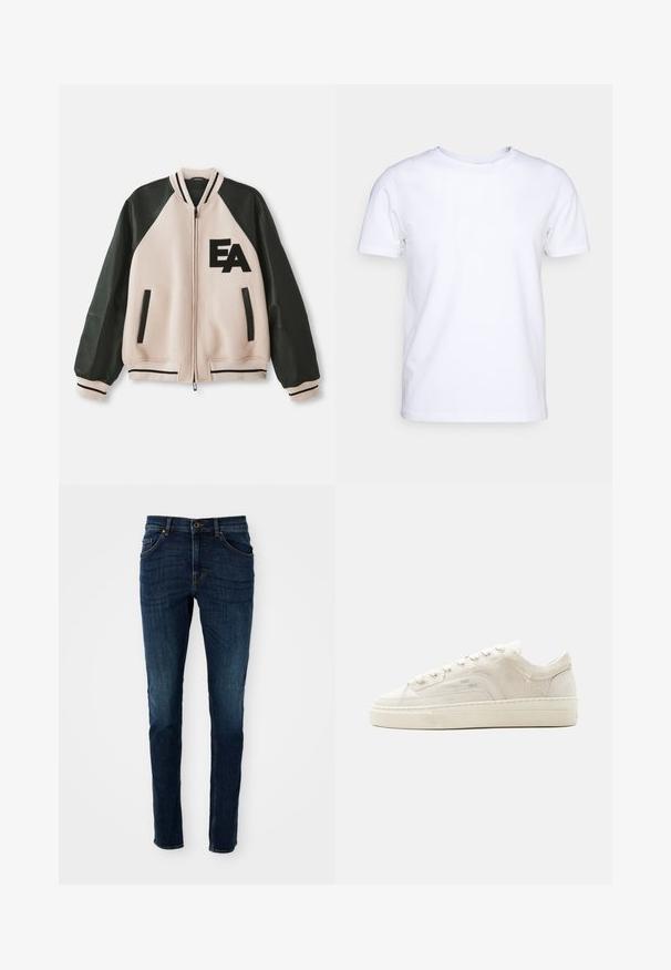 Beige og sort varsityjakke med læderærmer, frontlynlås, to lodrette lommer og "EA" logo på venstre bryst.; Hvid kortærmet t-shirt i bomuldsstof med rund halsudskæring. Enkel design uden mønstre eller detaljer. Glat tekstur.; Mørkeblå denim jeans med slim fit, struktureret design, fem-lommes stil og let falmning langs benene og sømmene.; Hvid lavtop sneaker med snørelukning, tekstureret stofoverdel og tyk gummisål vist fra ydersiden på en ensfarvet baggrund.