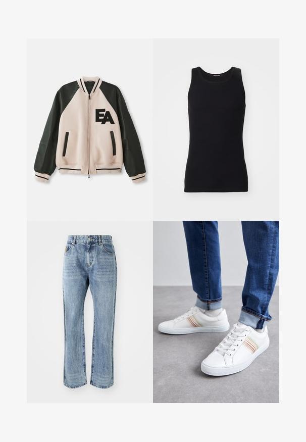 Beige en zwarte varsityjack met leren mouwen, voorzijde met rits, twee verticale zakken en 'EA' logo op de linkerkant van de borst.; Zwarte tanktop gemaakt van een gladde, rekbare stof. Heeft een ronde halslijn en geen mouwen, met een slim fit en een eenvoudig ontwerp.; Billionaire Boys Club CASINO PANT - Straight leg jeans - light wash blue; Witte leren sneakers met meerkleurige strepen, vetersluiting, rubberen zool en gevoerd kraagje, gecombineerd met blauwe spijkerbroek.
