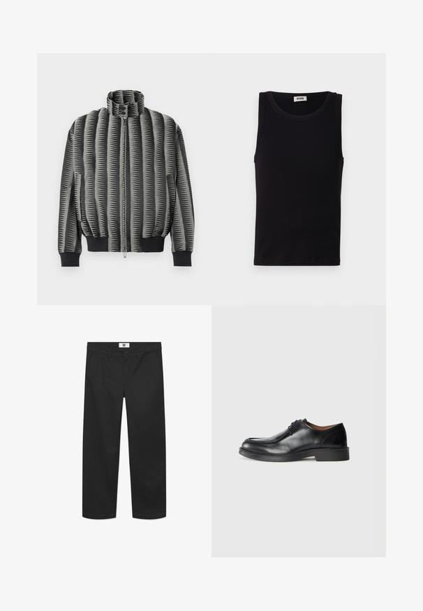 Steppjacke mit hohem Kragen, schwarzem und grauem Zickzackmuster, Reißverschluss und gerippten Bündchen und Saum. Weicher, strukturierter Stoff.; Schwarzes ärmelloses Tanktop aus weicher Baumwolle. Verfügt über einen runden Ausschnitt und einen geraden Schnitt mit minimalen Nähdetails.; Schwarze Chinos aus glattem Baumwollstoff. Verfügt über einen Knopfverschluss, Fronttaschen und ein gerades Bein-Design mit sauberen Kanten.; Schwarze Leder-Dressschuhe mit abgerundetem Zehenbereich, glatter Oberfläche, Schnürdetails und einer niedrigen, strukturierten Gummisohle. Saubere Linien und minimalistisches Design.
