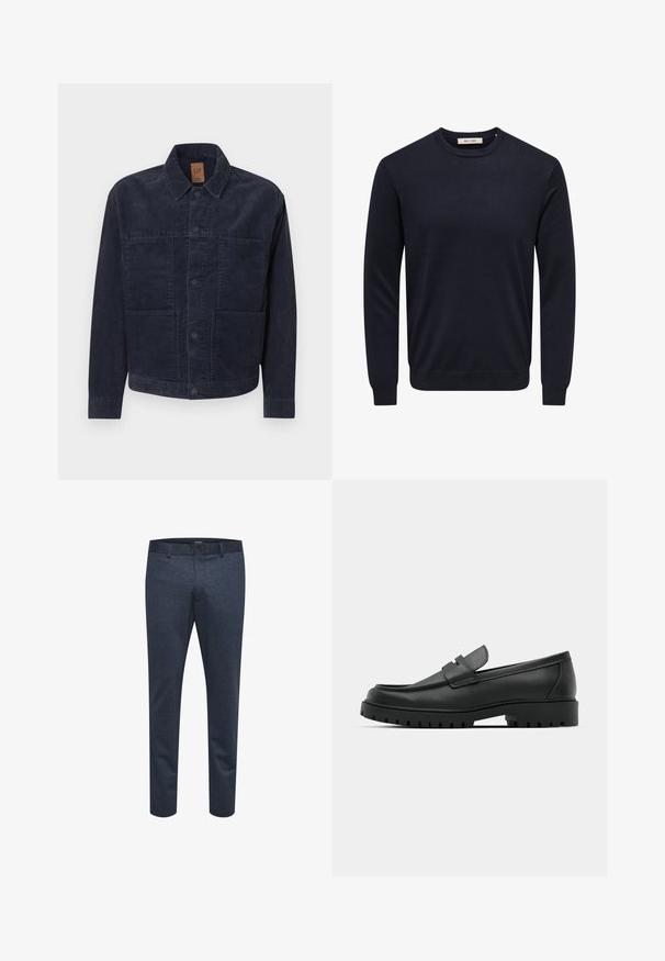 Marineblauwe corduroy jas met een kraag, knoopsluiting en twee zakken aan de voorkant. Gestructureerde stof, rechte snit, minimalistische ontwerpelementen.; Marineblauwe trui met lange mouwen en ronde hals, met geribbelde manchetten, zoom en halslijn, met label "Only & Sons" binnen in de kraag.; Marineblauwe broek van textuurstof met een slim fit, voorzien van een knoopsluiting en ceintuurlussen, geschikt voor zowel casual als formele gelegenheden.; Zwarte leren instappers met een ronde neus, voorzien van een gestikt ontwerp, een lage platformzool en een gestructureerde, grof rubberen buitenzool.