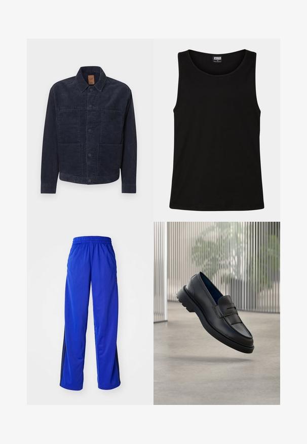 Marineblå kordfløjlsjakke med krave, knaplukning og to forlommer. Tekstureret stof, lige snit, minimalistiske designdetaljer.; Sort tanktop lavet af blødt bomuldsstof. Har en rund halsudskæring og brede armhuller, uden synlige mønstre eller accenter.; Blå sportsbukser med elastisk talje, med sidelister i sort, løstsiddende pasform og glat tekstur.; Sorte læder loafers med en glat finish, der har en dekorativ rem og et tekstureret panel foran samt en tekstureret gummisål.