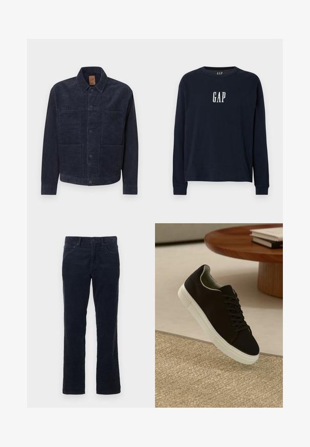 Veste en velours côtelé bleu marine avec col, fermeture à boutons et deux poches avant. Tissu texturé, coupe droite, détails de design minimalistes.; T-shirt à manches longues bleu marine en coton avec un col rond et le logo blanc "GAP" sur la poitrine. Texture douce, coupe décontractée.; Pantalons en velours côtelé bleu marine foncé avec une coupe droite, comprenant des poches avant, une braguette zippée avec fermeture par bouton, et une texture subtile à nervures verticales.; Baskets noires avec semelle blanche flottant au-dessus d'un tapis texturé beige, près d'une table en bois ronde avec des livres empilés.