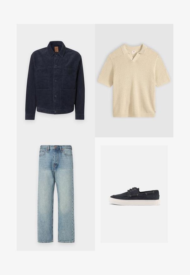 Marineblå kordfløjlsjakke med krave, knaplukning og to forlommer. Tekstureret stof, lige snit, minimalistiske designdetaljer.; Beige kortærmet strikket polo med struktureret, åbenvævet mønster og ribbet krave, manchetter og kant vist på ensfarvet baggrund.; Lysblå denimjeans med lige ben-design, fem lommer og bronze hardware. Minimal falming med en ren finish.; Mørkeblå ruskinds-casual sneaker med hvid gummisål, sorte snørebånd og metaløjer, vist fra højre side på ensfarvet baggrund.