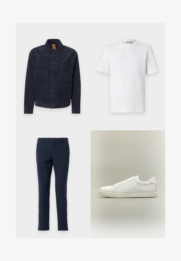 Marineblå kordfløjlsjakke med krave, knaplukning og to forlommer. Tekstureret stof, lige snit, minimalistiske designdetaljer.; Hvid kortærmet t-shirt i vaffelmønster med rund hals og et lille mærke med brandnavn inde i kraven, vist på en ensfarvet baggrund.; Marineblå bomulds-chinoer med slim fit, der har knap- og lynlås-lukning, bæltestropper og for- samt baglommer. Glat tekstur.; Hvid lavtop sneaker med snørebånd foran og tyk sål, vist fra siden mod en neutral baggrund.