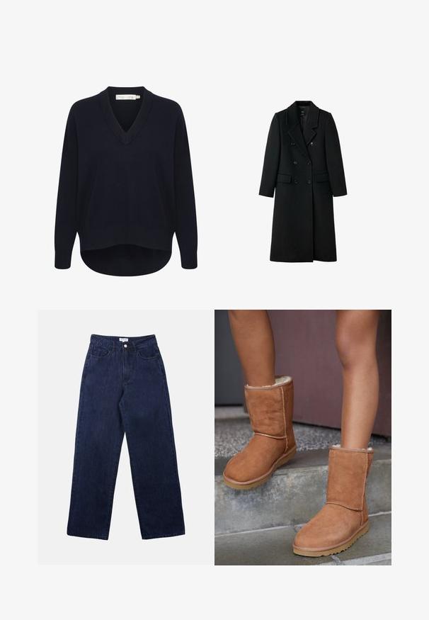 Sort, dobbeltradet uldfrakke med skræddersyet design, smalle klapper, to forlommer og knaplukninger, med en lige pasform.; Marineblå V-hals sweater med lange ærmer, en afslappet pasform og en buet kant. Fremstillet af blødt, struktureret stof med minimale labels.; Mørkeblå denimbukser med lige ben, der har en frontknaplukning, bæltestropper og to forlommer.; Brune ruskind ankelstøvler med rund tå, blødt foer og gummisål, der har synlige stikninger langs sømmene.