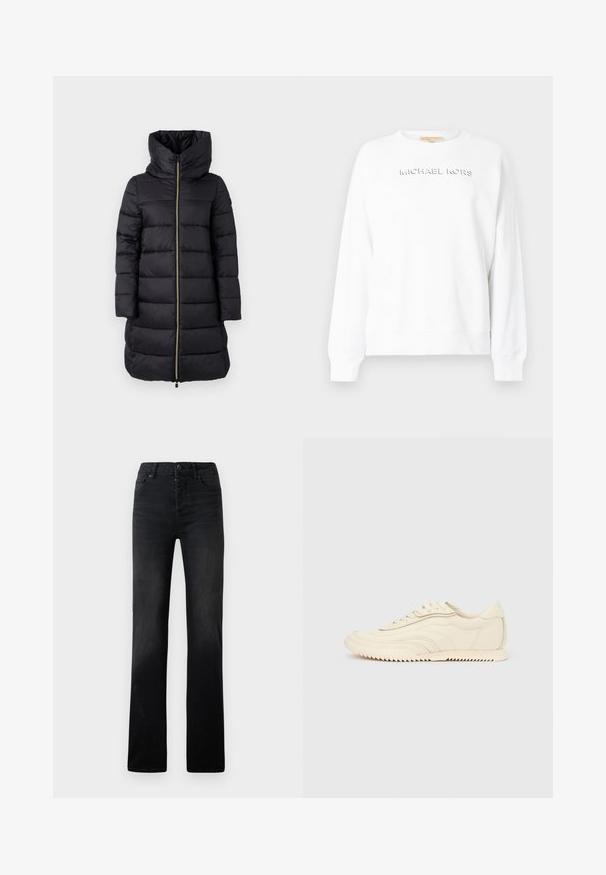 Sort polstret frakke med høj krave og fuldlængde lynlås. Har vandret quiltet mønster og lange ærmer.; Hvid sweatshirt med lange ærmer, der har et præget "MICHAEL KORS"-logo på forsiden. Lavet af blødt bomuldsstof. Klassisk rund halsudskæring.; Sorte denim straight-leg jeans med subtil falmning, fem lommer og knaplukning. Glat tekstur med minimale syningsdetaljer.; Lavprofileret sneaker i cremefarve med bølget syning, snørebånd og en rilleret sål, vist fra siden på en ensfarvet baggrund.