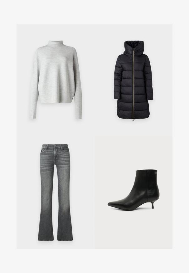 Sort polstret frakke med høj krave og fuldlængde lynlås. Har vandret quiltet mønster og lange ærmer.; Lys grå turtleneck sweater, lavet af blødt stof, med lange ærmer og en afslappet pasform, med en glat, fin struktur.; Grå flagrende jeans lavet af denim med en mellemhøj talje, subtilt slid og klassisk fem-lommers design.; Sort læder ankelstøvle med spids tå og lav kitten hæl på lys baggrund, der viser yderside.