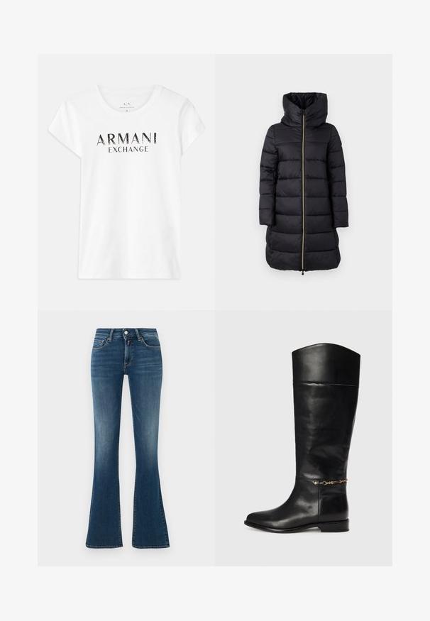 Sort polstret frakke med høj krave og fuldlængde lynlås. Har vandret quiltet mønster og lange ærmer.; Hvid bomulds t-shirt med korte ærmer, prydet med det trykte logo "ARMANI EXCHANGE" i sort henover fronten. Klassisk crew neck design.; Blå denim højtaljede jeans med let falmning, forlommer, knap, lynlås og udvidede ben mod en lys ensfarvet baggrund.; Sorte læderknæhøje støvler med et lige design, rund tå, lav hæl og en guldkædeaccent nær anklen. Glat tekstur.