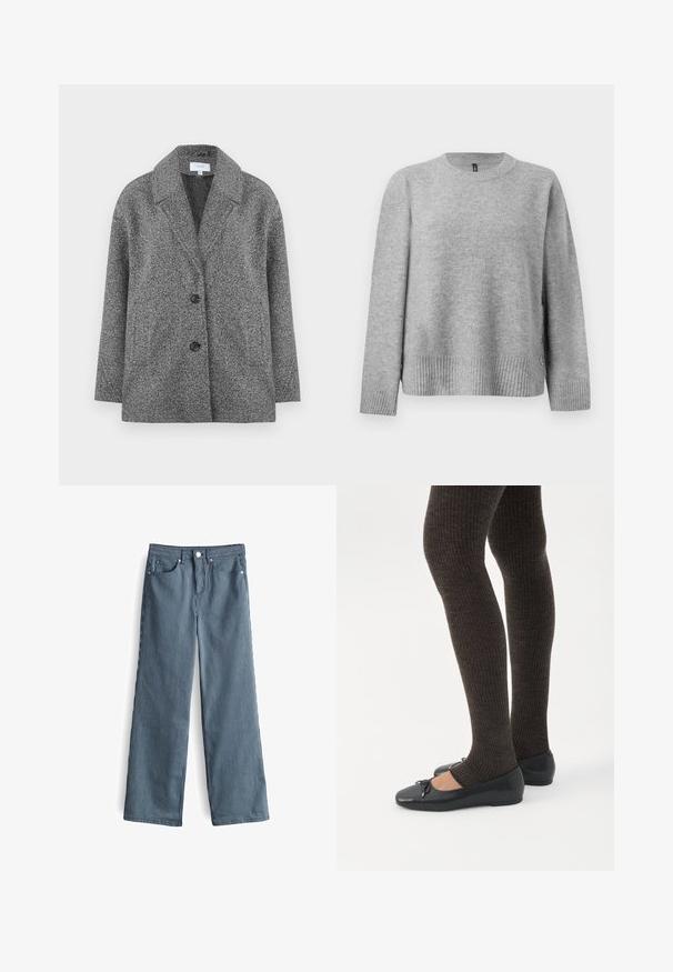 Grau strukturiertes Blazer-Jacket mit Reverskragen, zwei Knöpfen und langen Ärmeln. Der Stoff hat eine samtige Oberfläche und eine strukturierte Form.; Grauer gestrickter Pullover mit Rundhalsausschnitt, geripptem Saum und seitlichen Knöpfen als Detail. Weiche Textur und lockere Passform.; Helle blaue und weiße gestreifte weite Hosen mit hoher Taille, ausgestattet mit fünf Taschen und einem knöpfbaren Bund.; Beine in dunklen, gerippten Leggings kombiniert mit schwarzen Ballerinas mit kleinen Schleifendetails auf weißem Hintergrund.