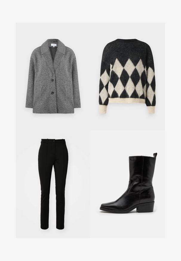 Veste blazer grise texturée avec un col cranté, deux boutons et des manches longues. Le tissu a une finition douce et une forme structurée.; Pull oversized noir et crème avec un motif en losange, fabriqué en tissu texturé doux, avec une bordure et des poignets côtelés.; Pantalons en polyester noir avec une coupe slim, devant plat et fermeture à un bouton, dotés de plis avant et sans poches visibles.; Bottines en cuir noir avec un bout pointu, un petit talon carré et un détail de couture. Elles sont dotées de panneaux élastiques sur les côtés pour un enfilage facile.