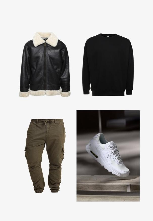 Sort imitation læderjakke med en hvid kunstpelskrave og -manchetter. Har en frontlynlås og sidelommer. Struktureret overflade synlig.; Sort sweatshirt lavet af bomuldsblanding, med rund halsudskæring og ribbede manchetter og kant. Enkel design uden synlige logoer eller mønstre.; Olivenfarvede cargo-bukser lavet af blød bomuld, med justerbar taljesnor, elastiske cuffs og sidelommer.; Hvide Nike Air Max 90 sneakers med en overdel i mesh og læder, perforeret tåboks og en synlig luftenhed i hælen.
